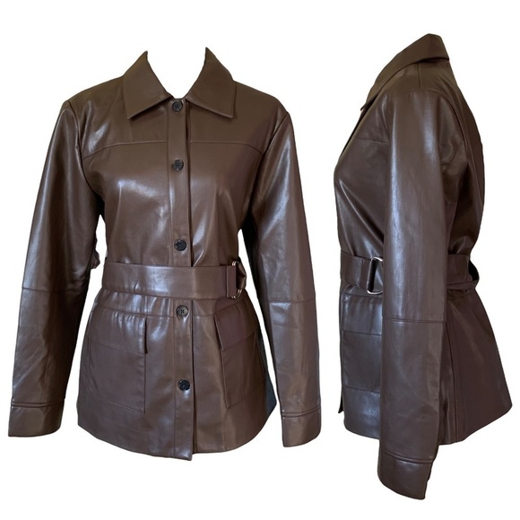nwt Elie Tahari Faux Leather Jacket Belted Button Down Coat Brown Size Medium - Picture 2 of 16